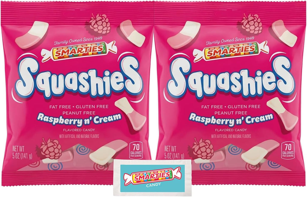 Smarties Squashies Foam Marshmallows Gummy Candies & Smarties Sample Packet Variety Pack - Raspberry & Cream Flavored - Allergen Free, Peanut Free & Gluten Free Candy - Soft & Chewy Squashies Candies - 5 oz Bag (Pack of 2)