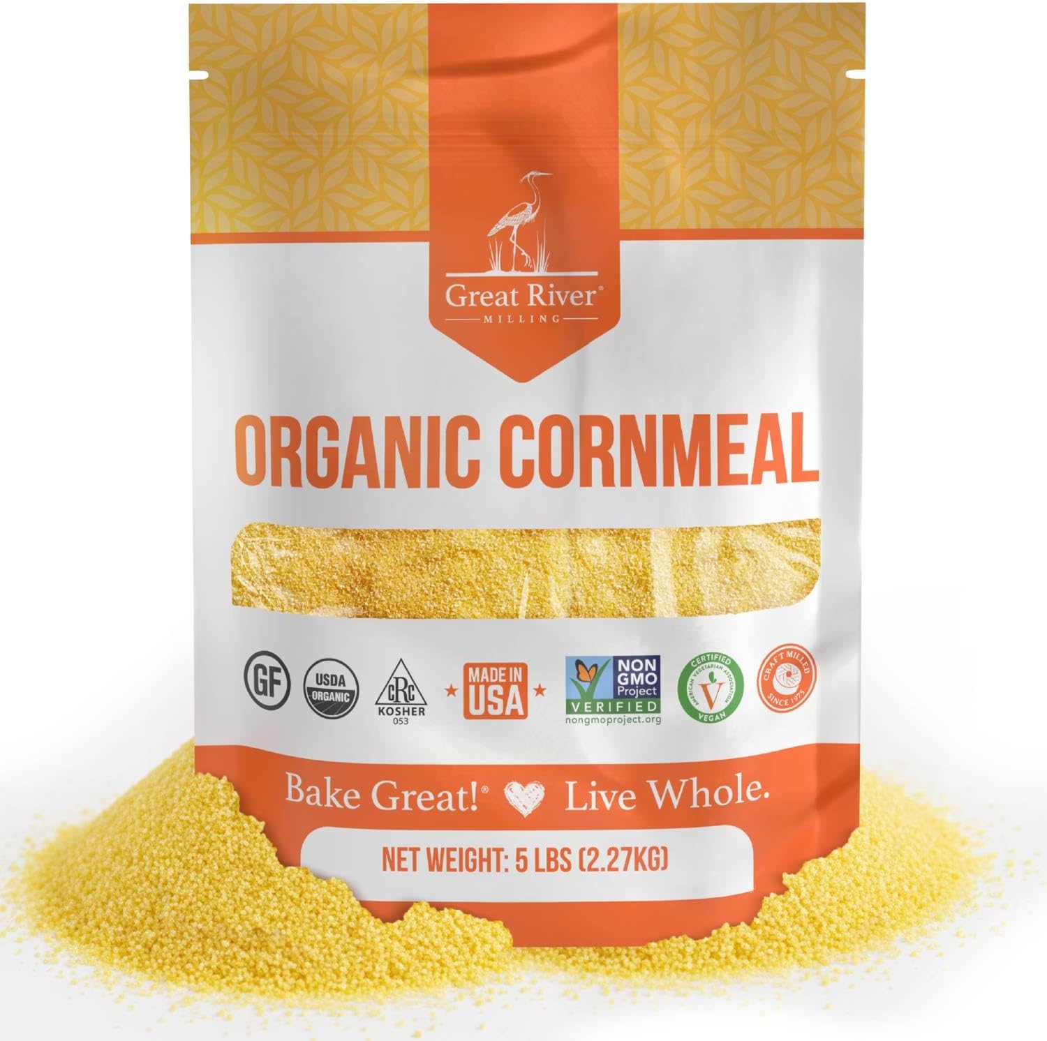 Great River Milling Organic Medium Grind Cornmeal | USDA Organic, Gluten Free, Non-GMO, Kosher | Hearty Texture for Cornbread, Polenta, Muffins, Pancakes & Baking | 5 Lb