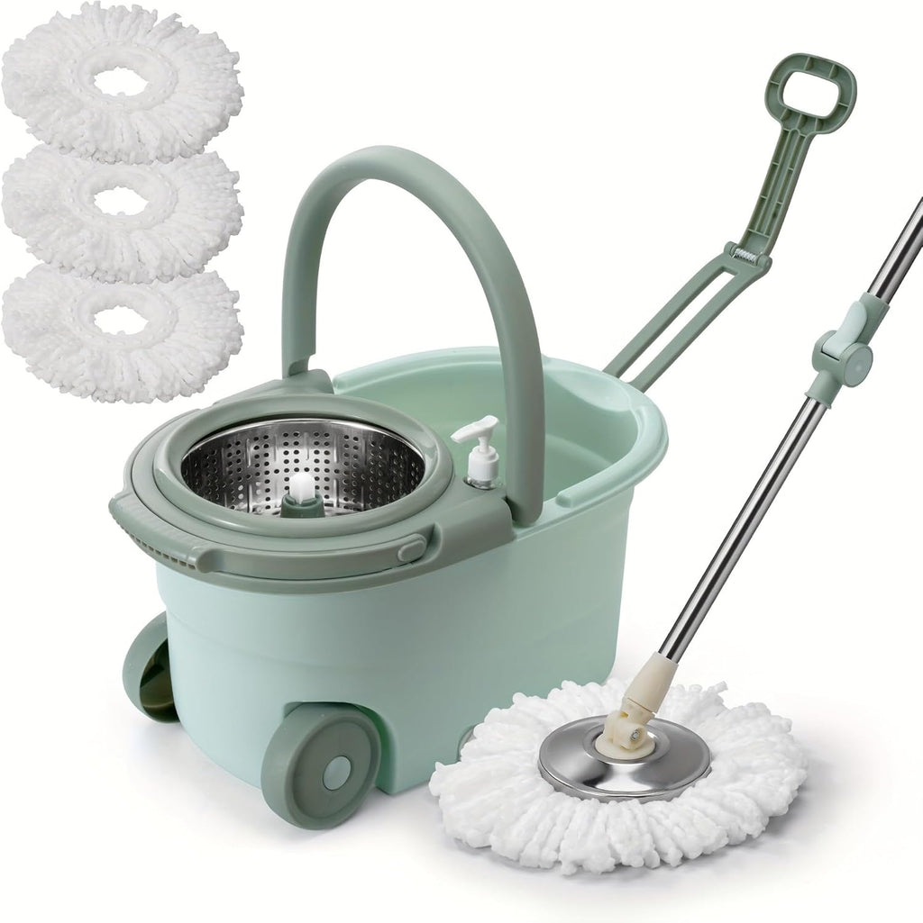 360° Spin Mop and Bucket System with Wringer - Includes 3 Microfiber Mop Refills & 50" Extended Handle for Floor Cleaning, Easy Squeeze, Efficient Home Cleaning Tool (Green)