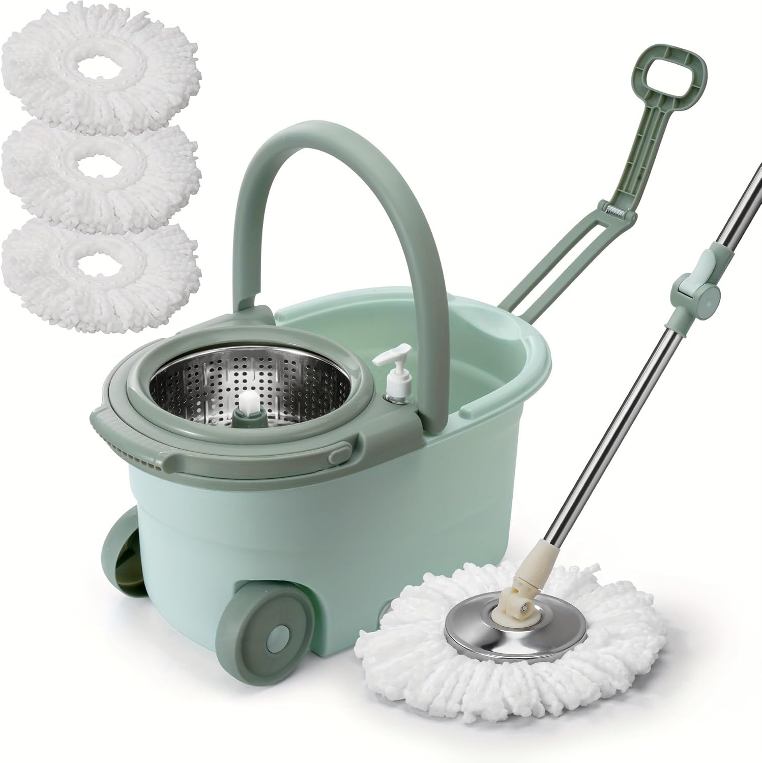 360° Spin Mop and Bucket System with Wringer - Includes 3 Microfiber Mop Refills & 50" Extended Handle for Floor Cleaning, Easy Squeeze, Efficient Home Cleaning Tool (Green)