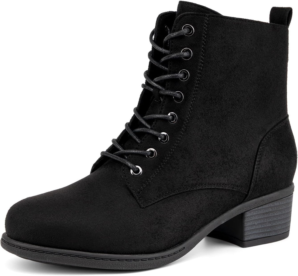 VJH confort Women's Fashion Ankle Boots Low Heels Chunky Lace-up Combat Bootie with Side Zipper