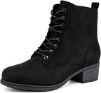 VJH confort Women's Fashion Ankle Boots Low Heels Chunky Lace-up Combat Bootie with Side Zipper