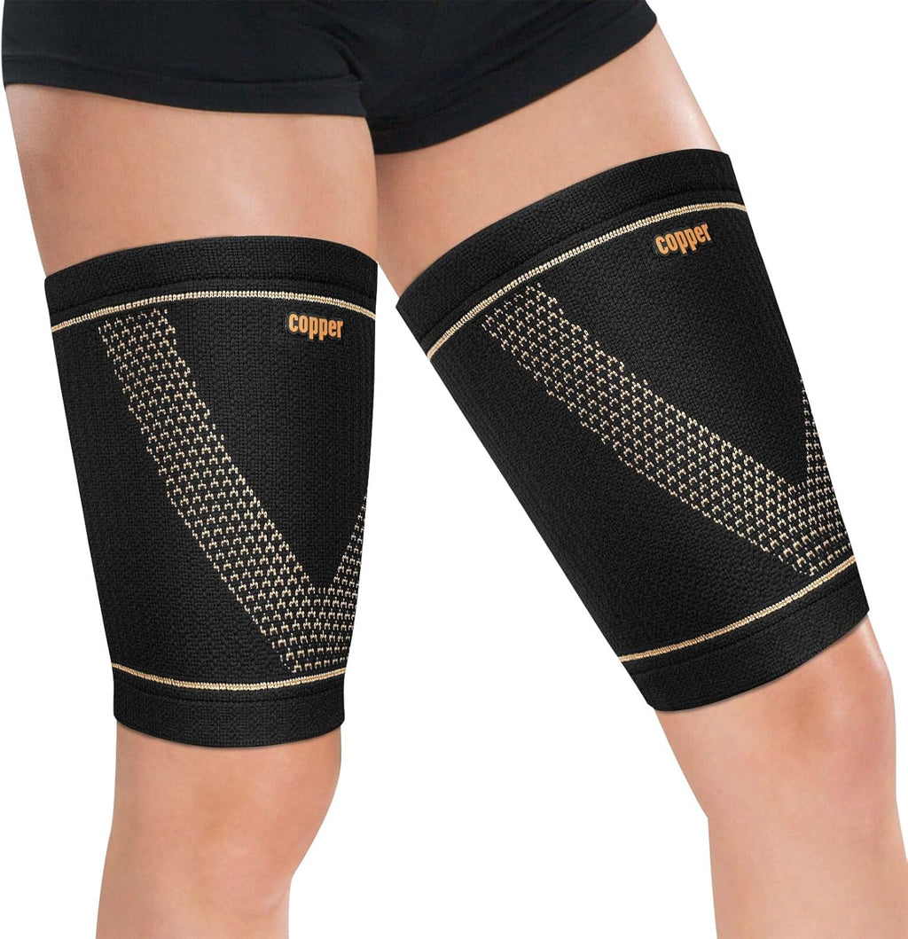 Hamstring Compression Sleeve (Pair) – Copper Thigh Support for Women & Men Relieve Groin Pull (Black, Medium)