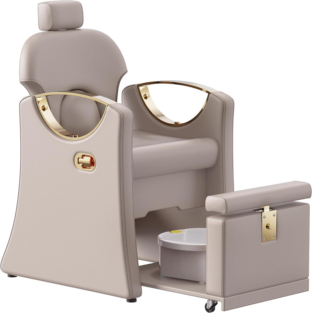 LOUVIXA Pedicure Station for Nail Tech, Reclining Pedicure Chair with Massage Foot Bath, No Plumbing Pedicure Station Unit (Cream Grey)