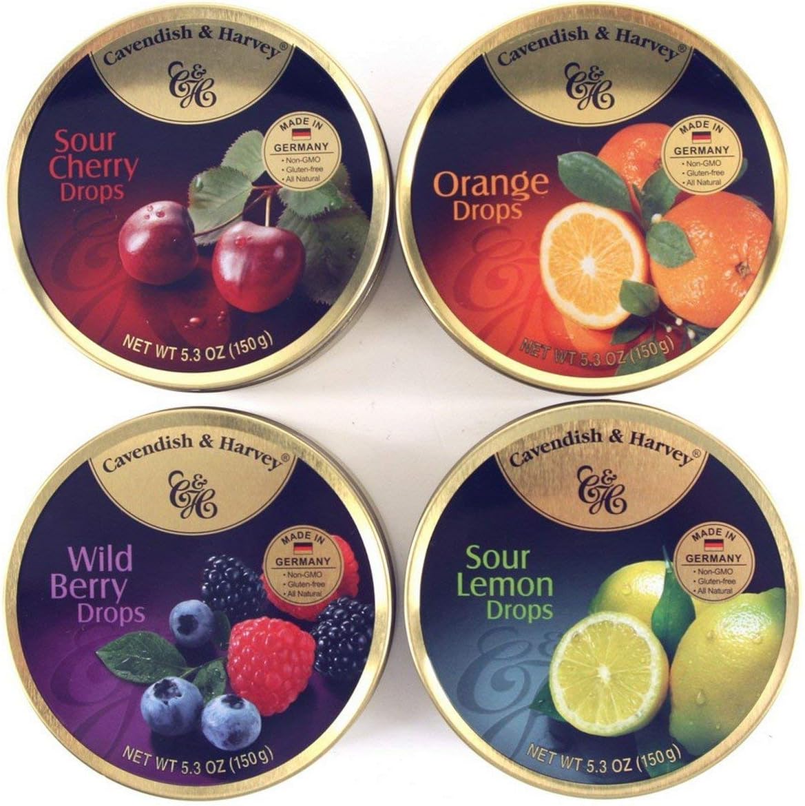 Cavendish & Harvey | Variety Flavor Hard Candy Drops | Orange, Wild Berry, Sour Lemon, & Sour Cherry | 5.3 Ounce Tins - 4 Pack
