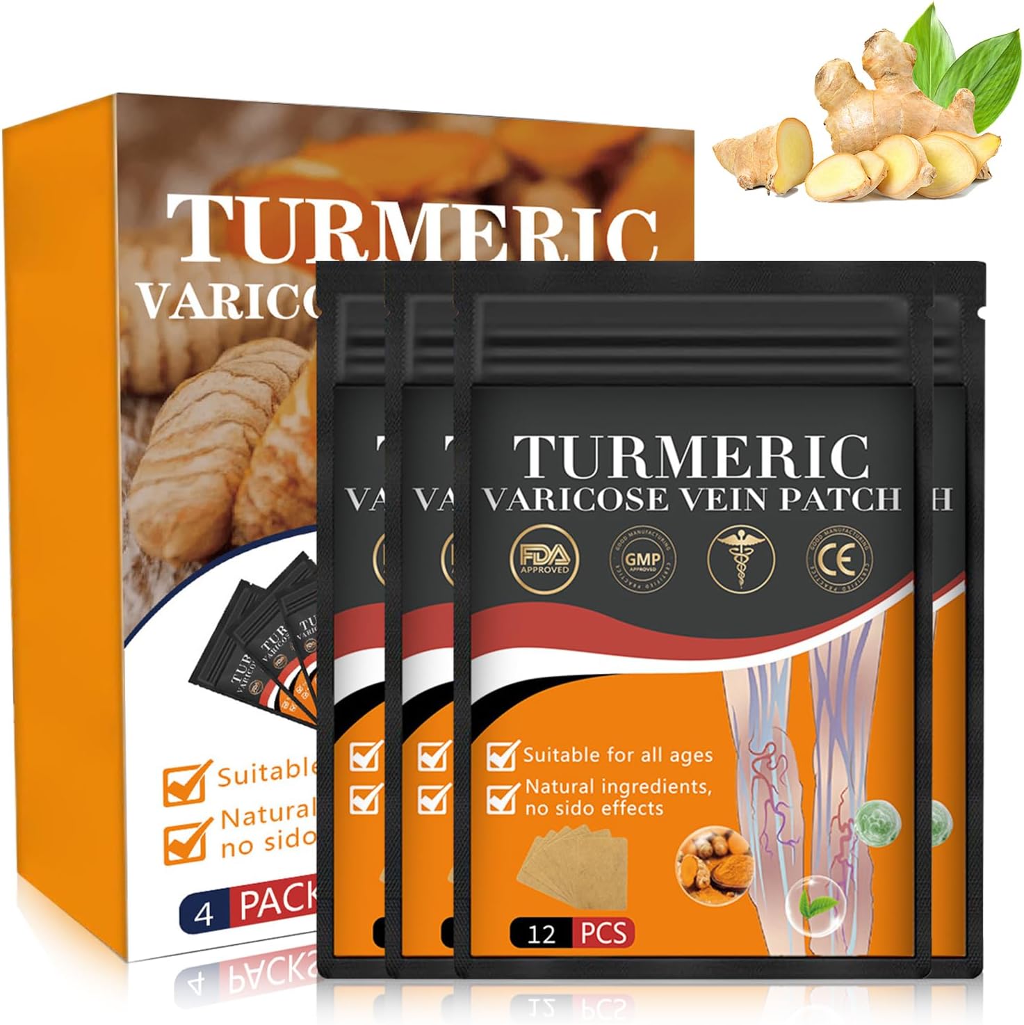 Wanban 48 PCS Turmeric Varicose Vein Patch Natural Relief Treatment for Legs, Spider Varicose Vein Patch