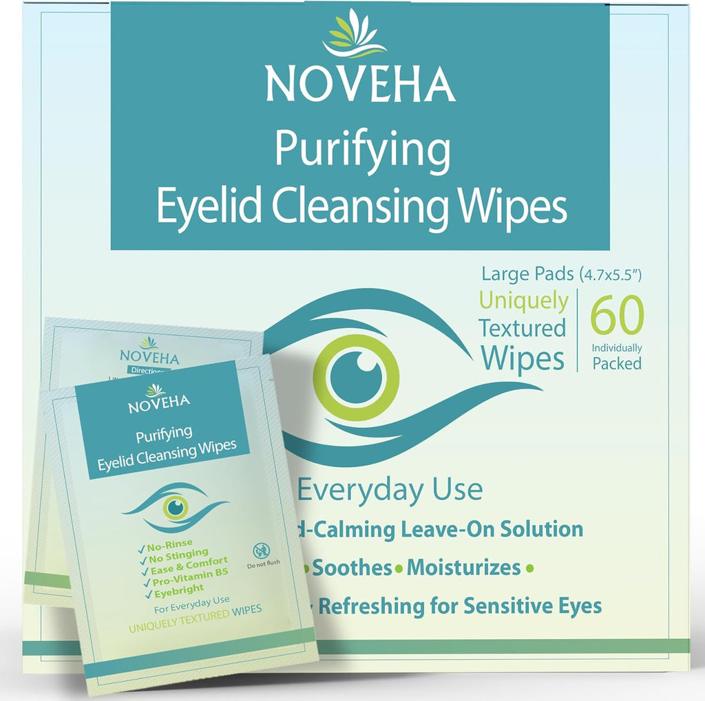 NOVEHA Eyelid & Lash Wipes | For Itchy, Dry Eyes, Styes & Blepharitis | lid and lash Cleansing Wipes, Hypoallergenic & Soothing For Sensitive Eyes, Pack of 60
