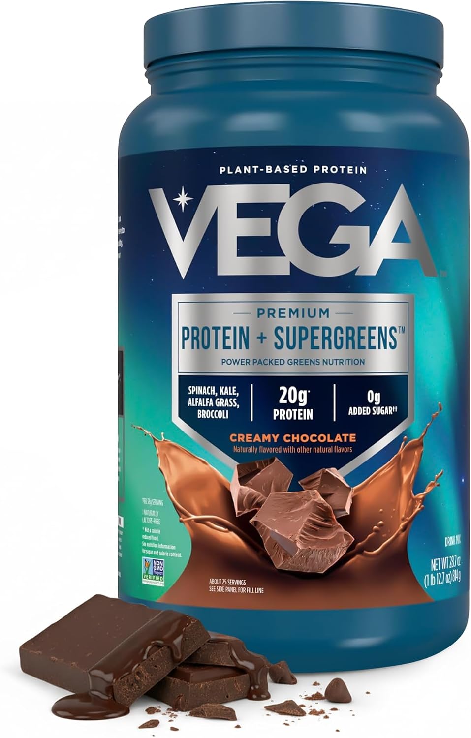 Vega Protein + Supergreens - 20g Plant-Based Protein, Chocolate, 25 Servings, Real Greens & Veggies, Vegan Keto, 0g Added Sugar, Non-GMO, Gluten Free, Dairy Free, 1.8lbs (Packaging May Vary)