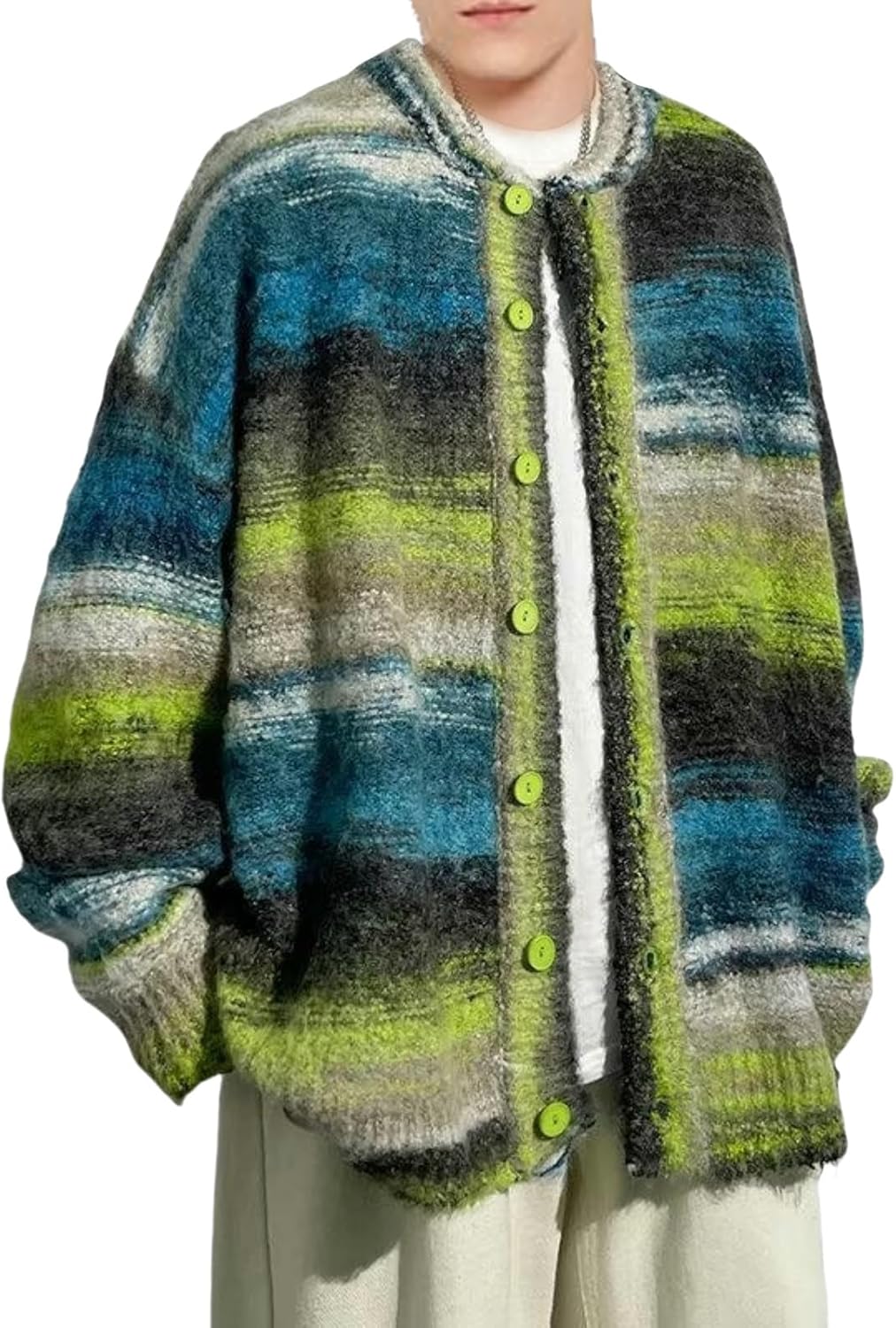 Autumn Winter Men's Hong Kong Style Trendy Loose Casual Color Block Knit Cardigan