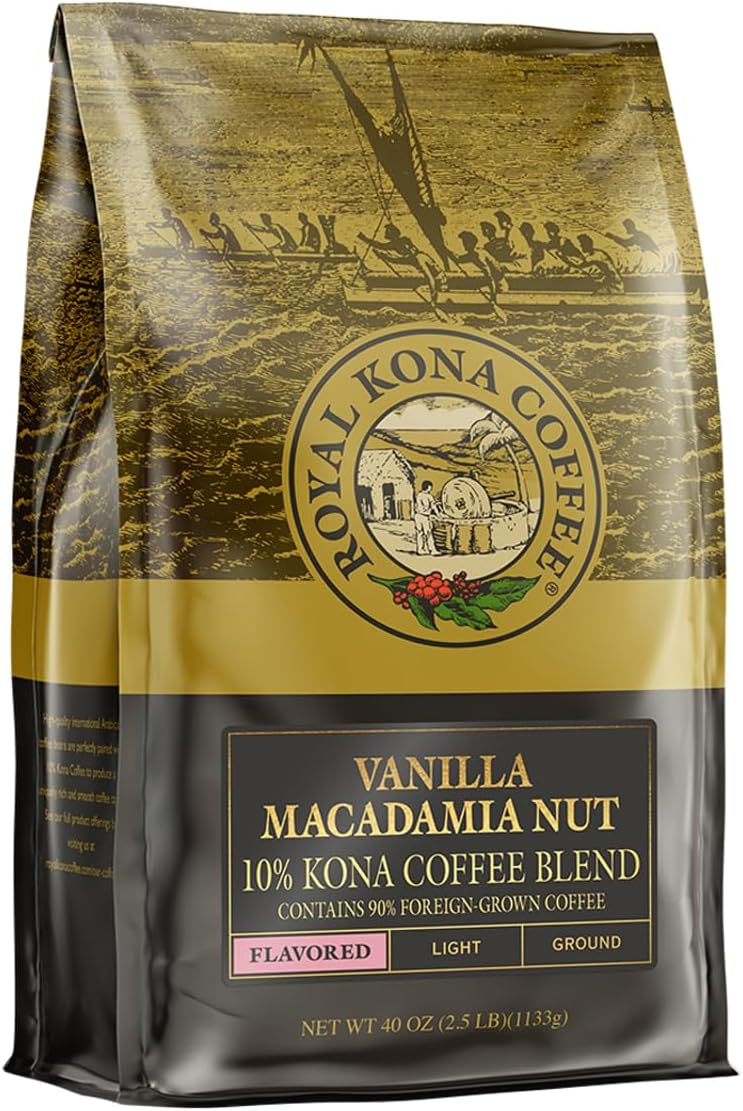 ROYAL KONA COFFEE - Light Roast Ground Coffee, Vanilla Macadamia Flavor, 40 Ounce