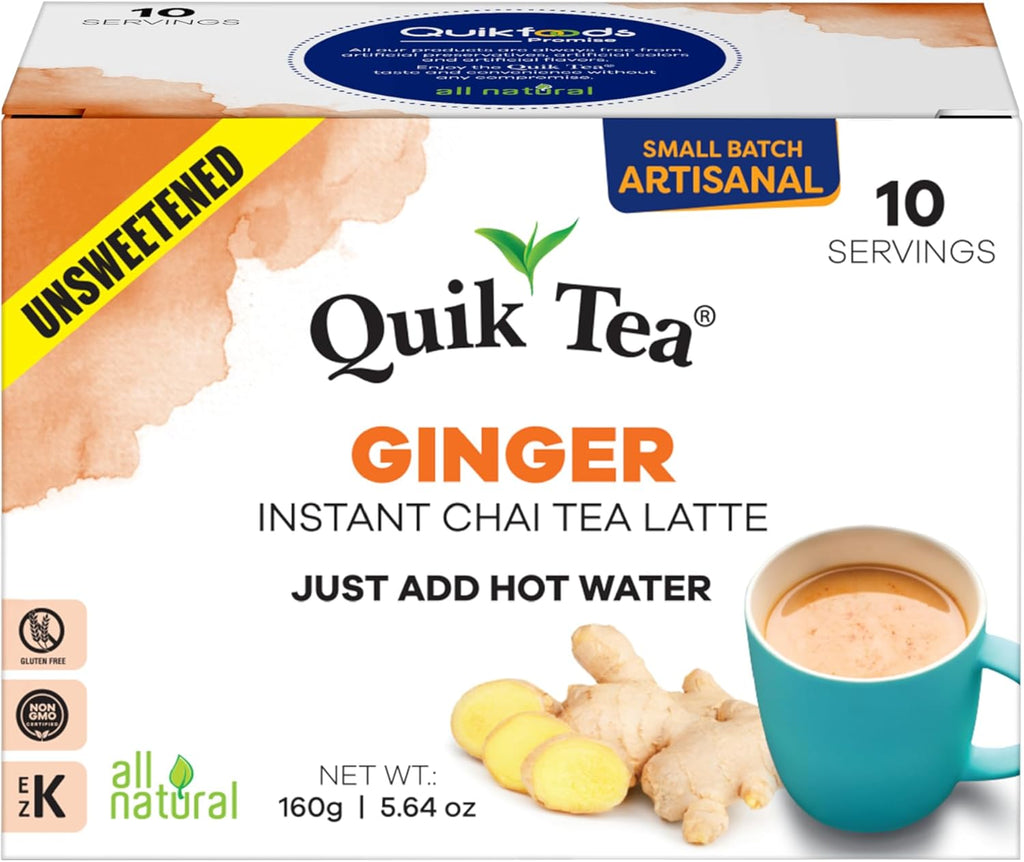 QuikTea Ginger Unsweetened Chai Tea Latte – 10 Count, Bold Ginger Flavor, no preservatives, No Sugar Added – Just Add Hot Water
