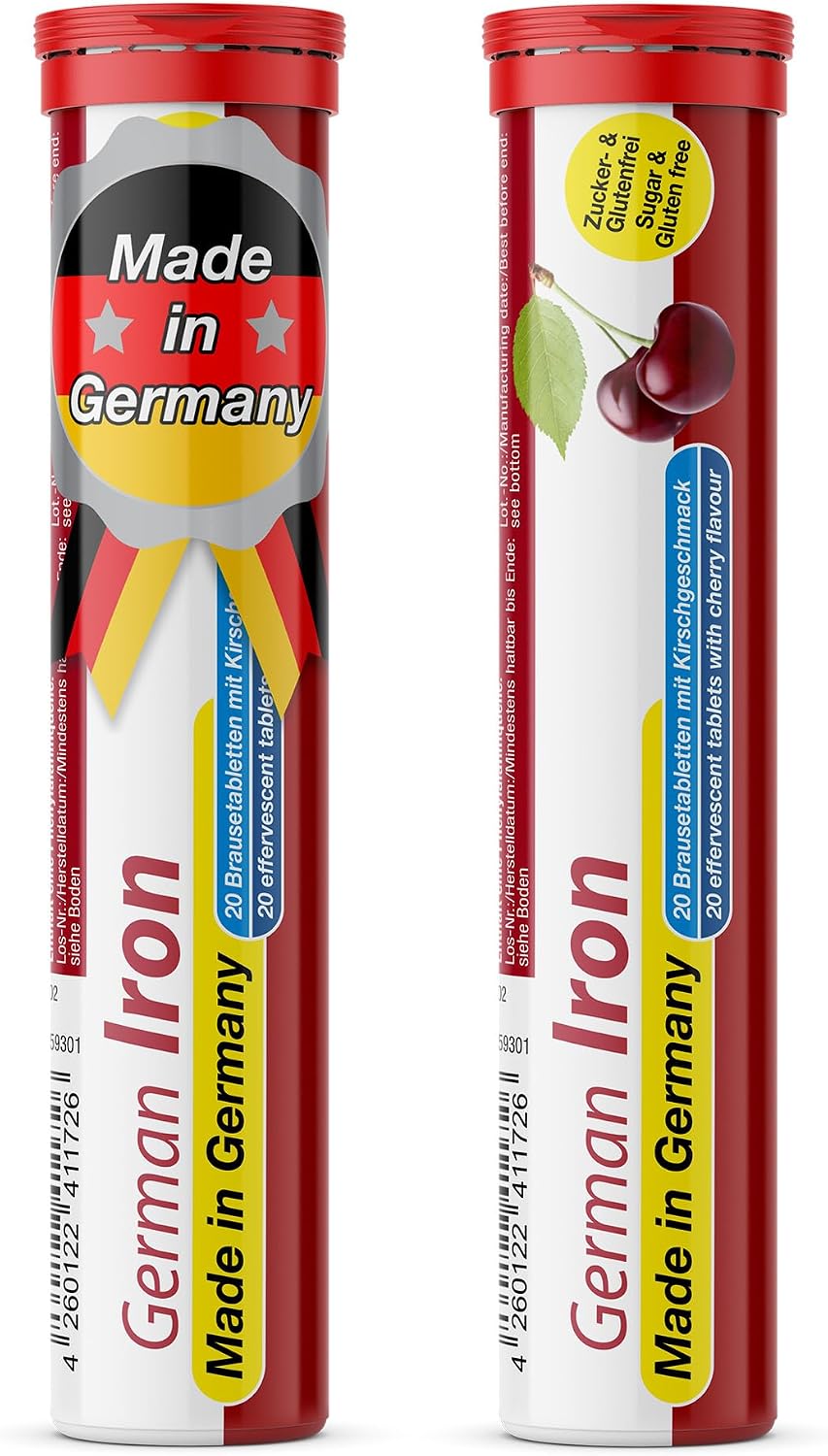 T&D German Iron 14 mg - 40 Vegan Drink Effervescent Tablets - Cherry Flavor - Made in Germany