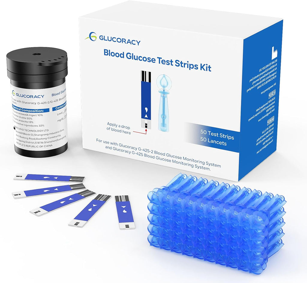 Glucoracy G-425-2/G-425 Blood Glucose Test Strips, 50 Counts Test Strips for Diabetes, 50 Counts Blood Lancets, Only for Glucoracy G-425-2/G-425 Meter Kit