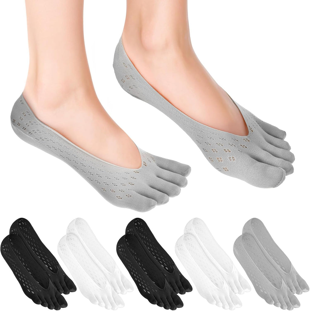 CIATBYYJ 6Pairs Align Toe Socks for Bunion, No Show Low Cut Five Finger Orthopedic Compression Socks Orthopedic Toe Compression Sock For Women Black White Grey