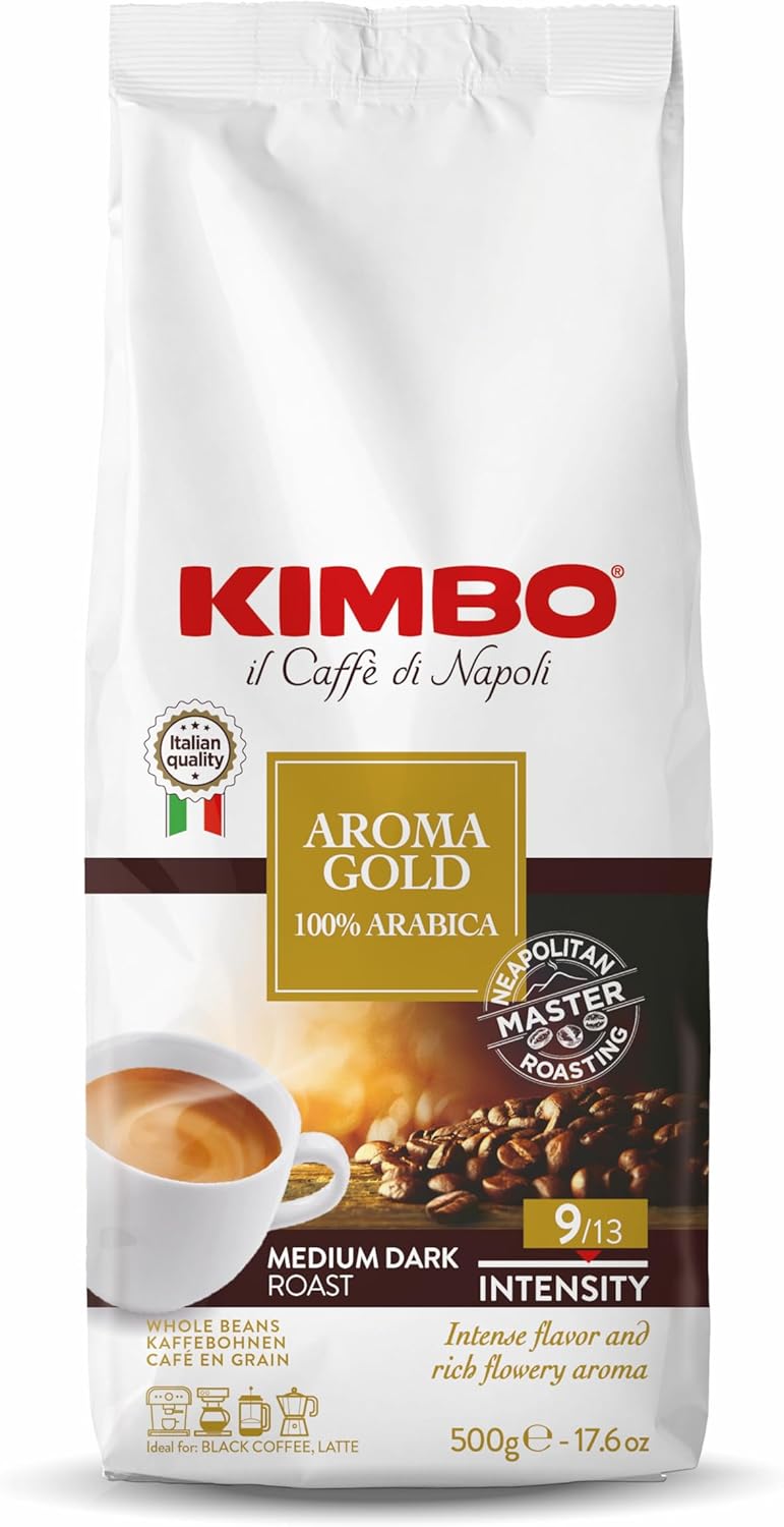 Kimbo Aroma Gold 100% Arabica Whole Bean Coffee | Medium Dark Roast with Chocolate Flavor | 9/13 Intensity | Blended & Roasted in Italy | 17.6 oz (500g) Bag