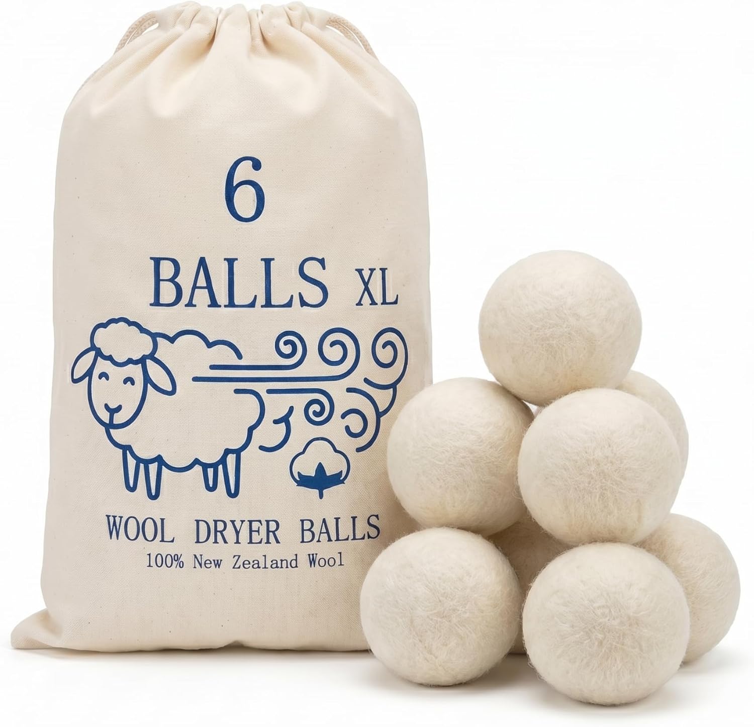 Premium XL Wool Dryer Balls 6 Pack - 100% Organic New Zealand Wool - Reusable Natural Fabric Softener - Reduces Wrinkles & Shortens Drying Time - XL Jumbo Size Set of 6