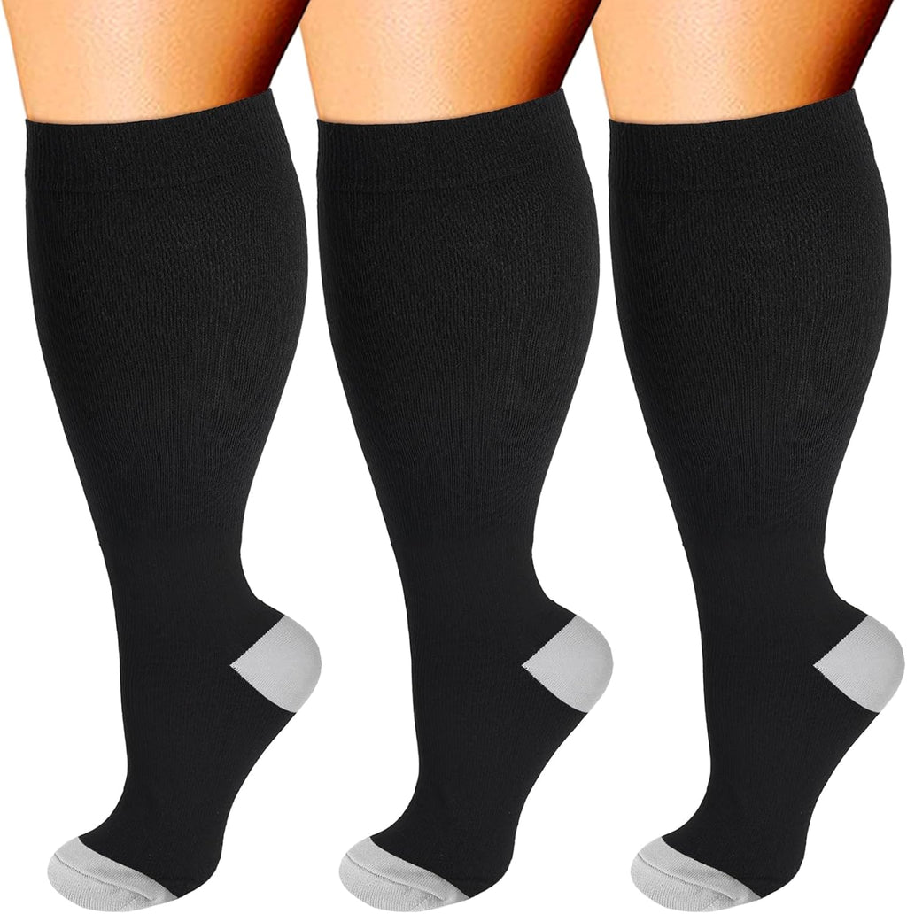 3 Pairs Wide Calf Compression Socks for Women Men 20-30 mmHg Plus Size Knee High Compression Stockings for Pregnancy Sports