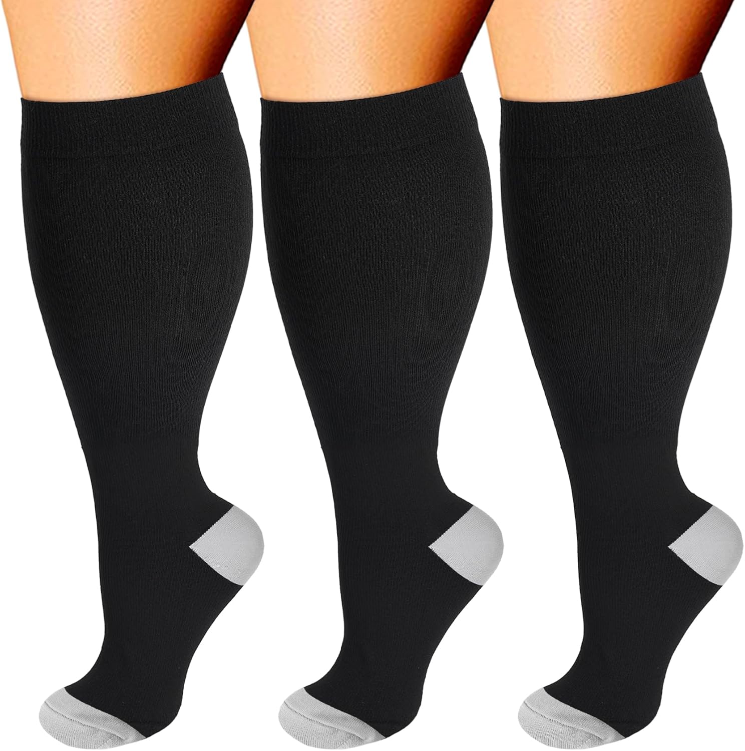 3 Pairs Wide Calf Compression Socks for Women Men 20-30 mmHg Plus Size Knee High Compression Stockings for Pregnancy Sports