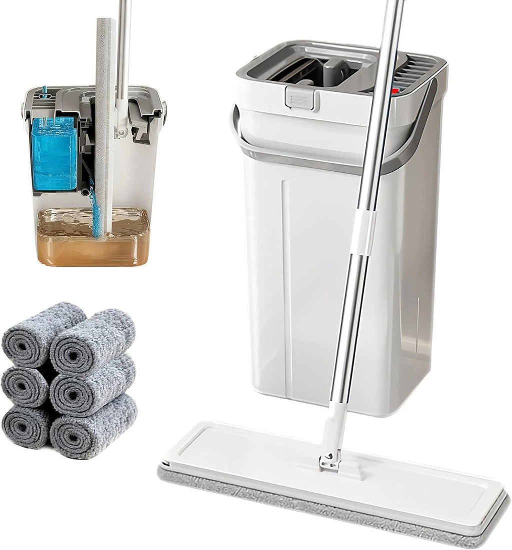 Mop and Bucket Set, Flat Mop and Bucket System with Wringer, Automatic Separates Dirty and Clean Water Include 6 Reusable Microfiber Mops for Floor Cleaning
