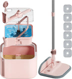 Spin Mop and Bucket System Kit, Self-Separating Cleaning Soil, Foldable Square Mop Bucket Head with Washable Interchangeable Mop Pads, Pink (Mop Set with 6PC Pads)