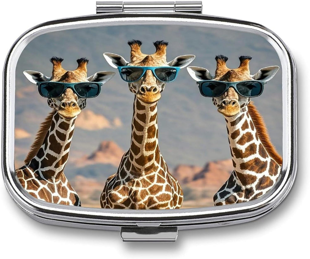 Three Giraffes Wearing Sunglasses Pill Case 2 Compartments Travel Pill Organizer for Pocket Small Pill Box Portable Pill Container Metal Medication Holder to Hold Vitamin Fish Oil Supplement