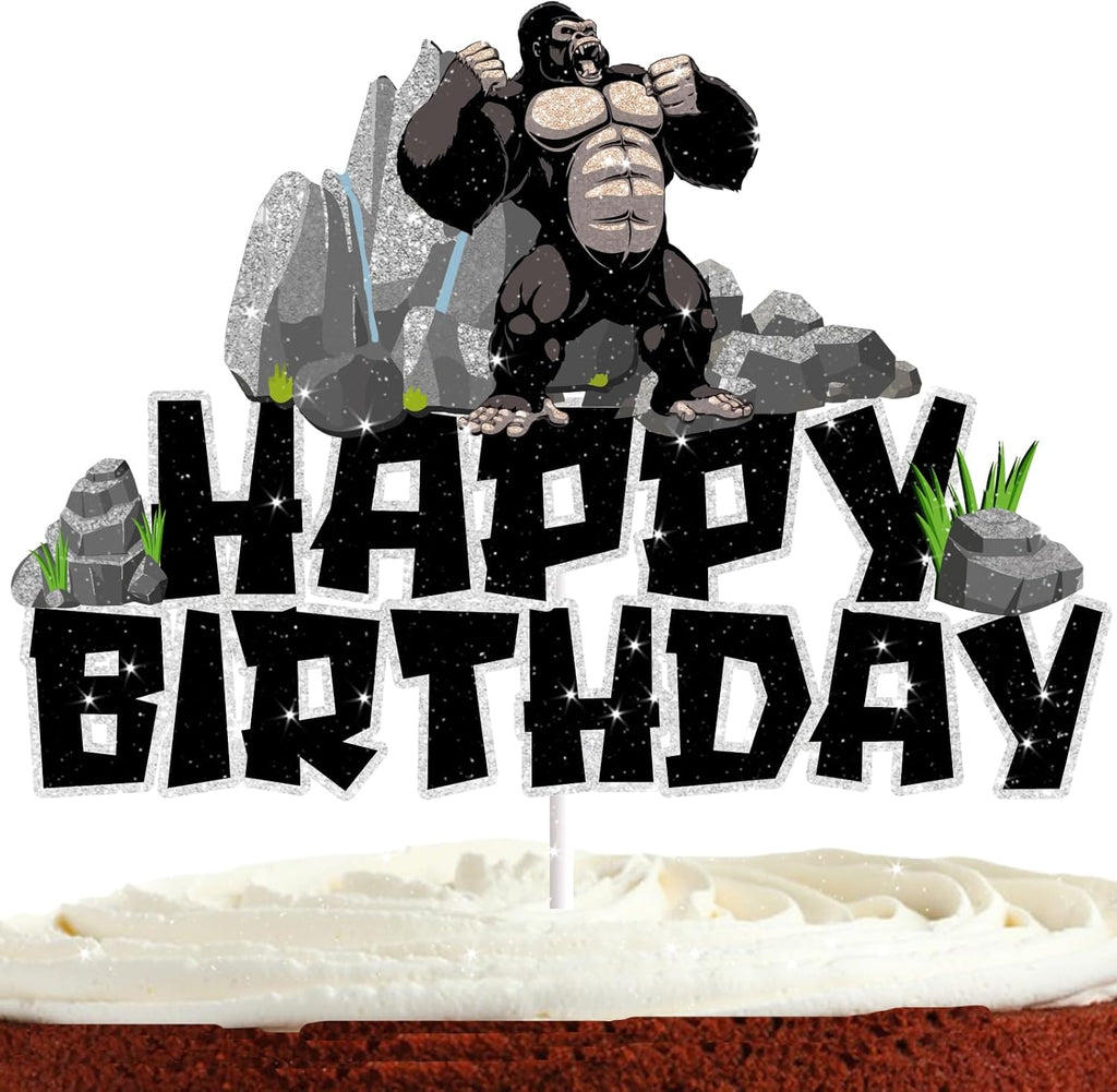 Gorilla Cake Topper for Boys Girls Adults Happy Birthday Safari Jungle Animal Ape Party Decorations Supplies Glitter Gorilla Birthday Cake Decorations