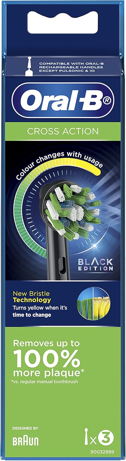 Oral-B Cross Action Electric Toothbrush Replacement Brush Heads, Black, 3 Count (Pack of 1)