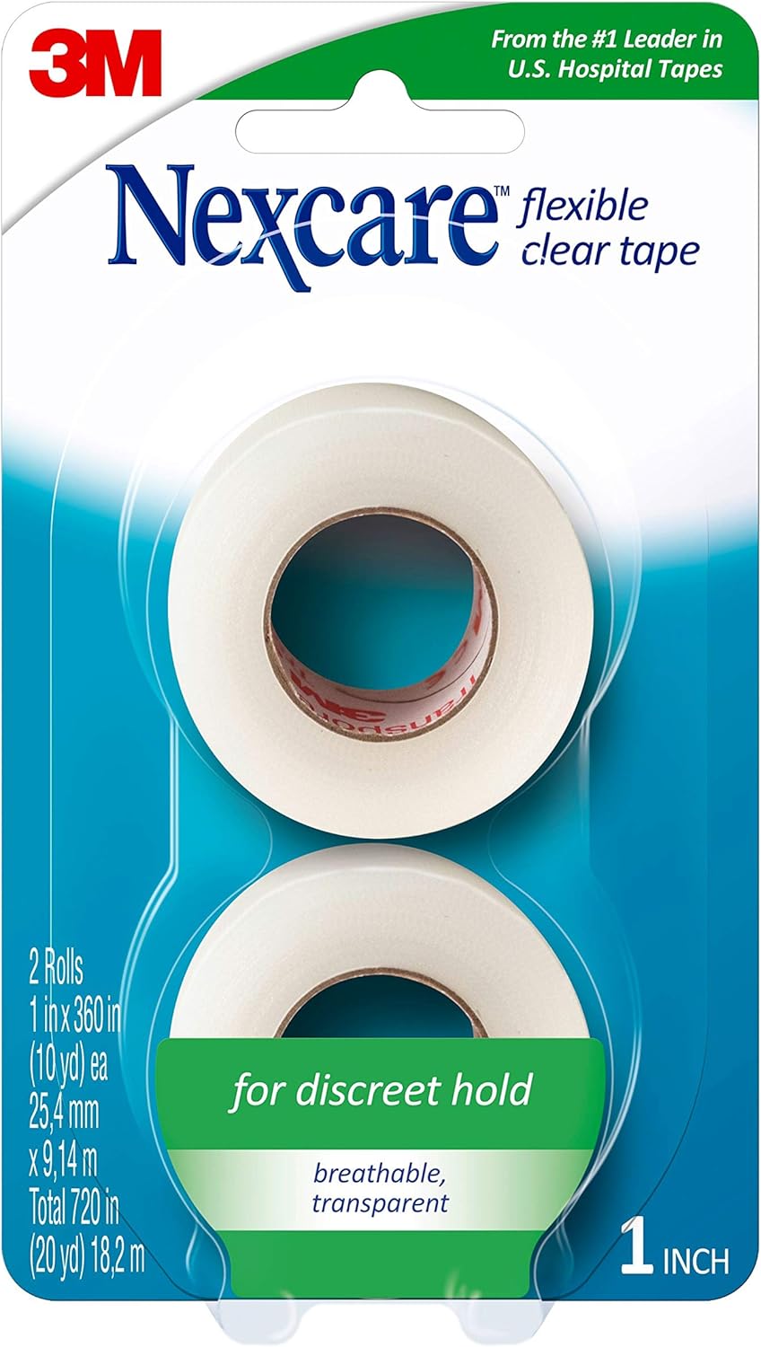 Nexcare Flexible Clear Tape, Waterproof Transparent Medical Tape, Secures Dressings and Catheter Tubing - 1 In x 10 Yds, 2 Rolls of Tape