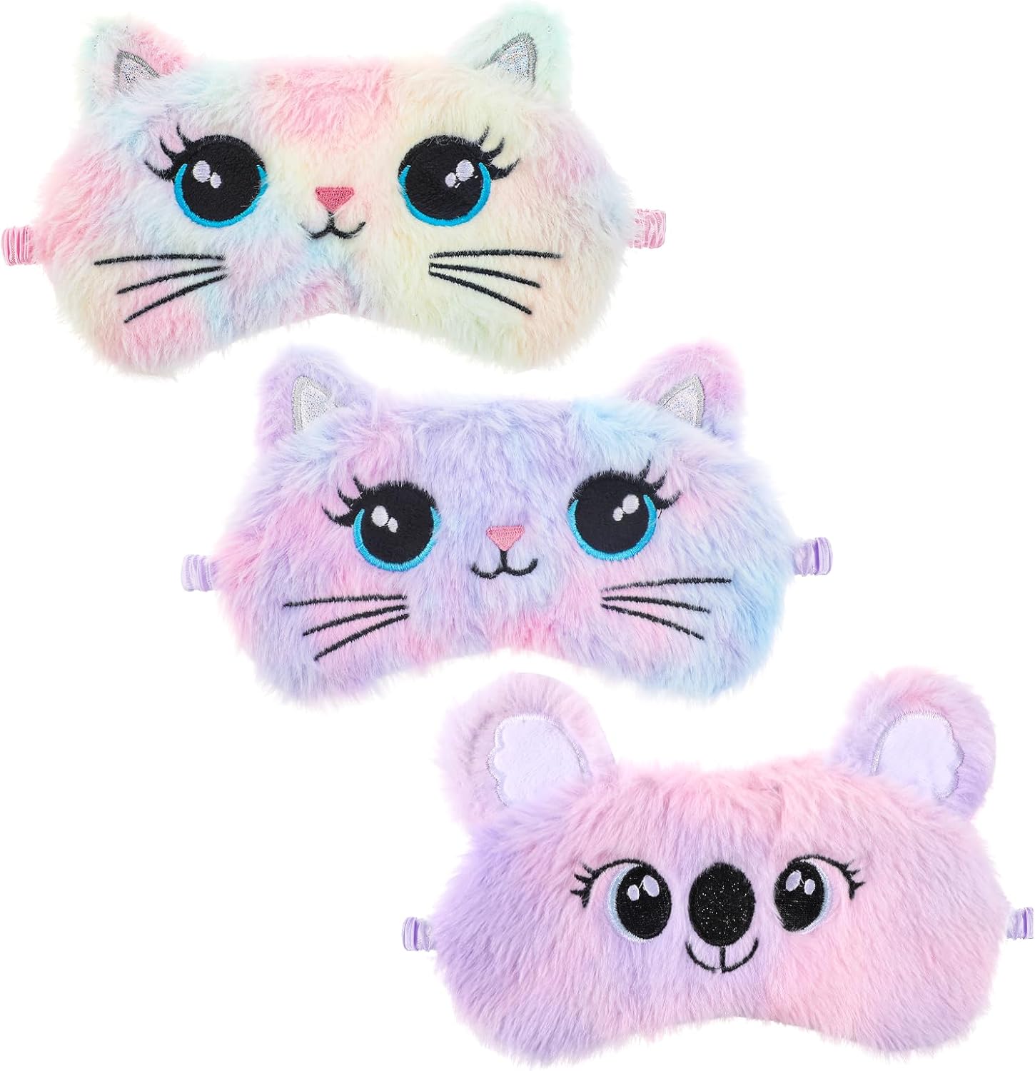 Kids Sleep Mask, 3 Pcs Cute Cat Sleeping Eye Mask Colorful Soft Plush Eye Covers for Sleeping Comfortable Funny Animal Night EyeMasks for Women Girls Home Travel