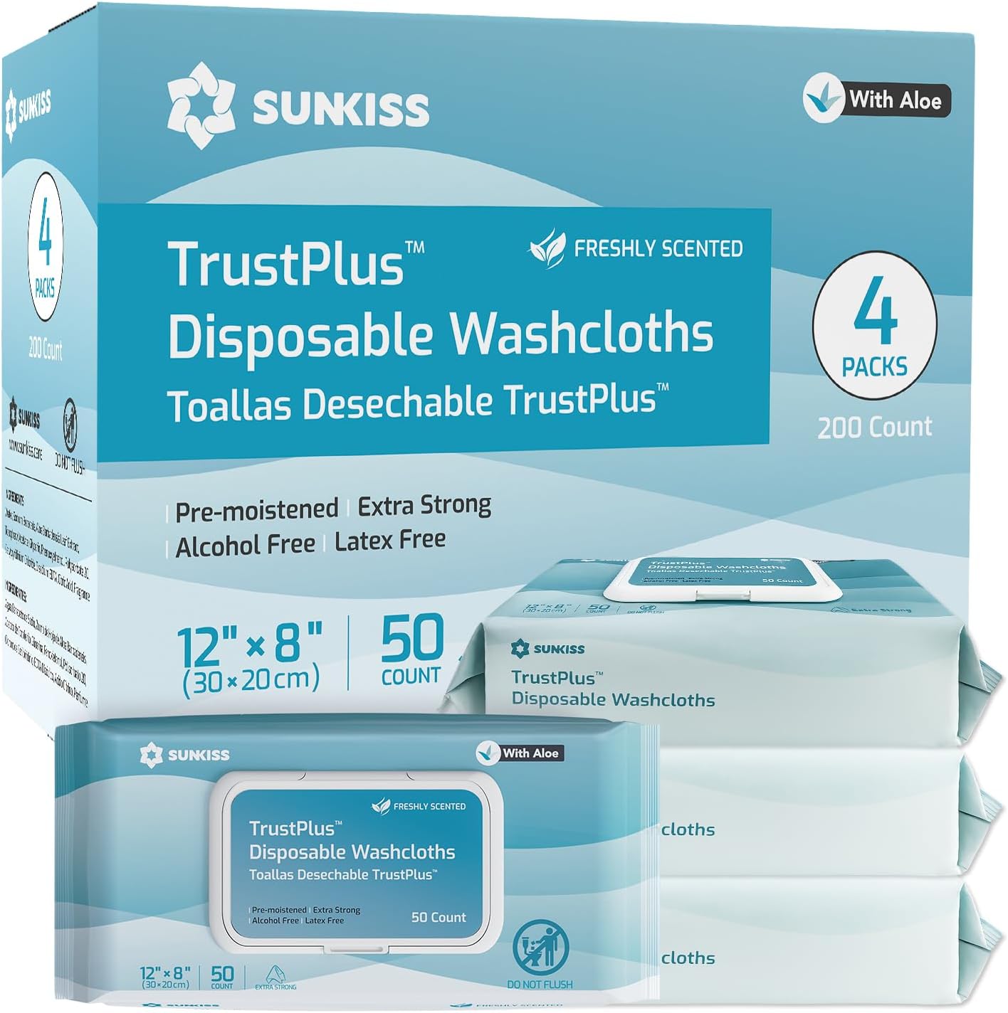SUNKISS Trustplus Wet Wipes for Adult No Rinse, Extra Large 8”x12” Body Cleaning Washcloths for Elderly Incontinence & Cleansing, Fresh Scented, 200 Count (4 Packs of 50)