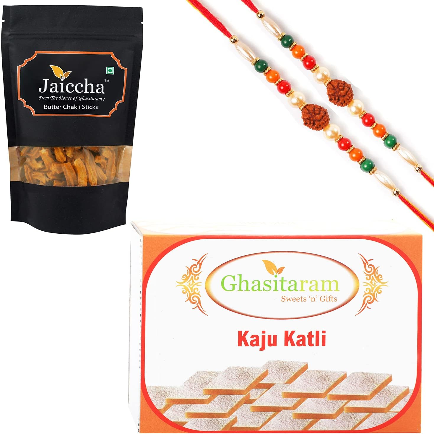 Ghasitaram Gifts Rakhi Gifts for Brothers Best of 2 Kaju Katli and Butter Chakli Sticks Pouch with 2 Rudraksh Rakhis