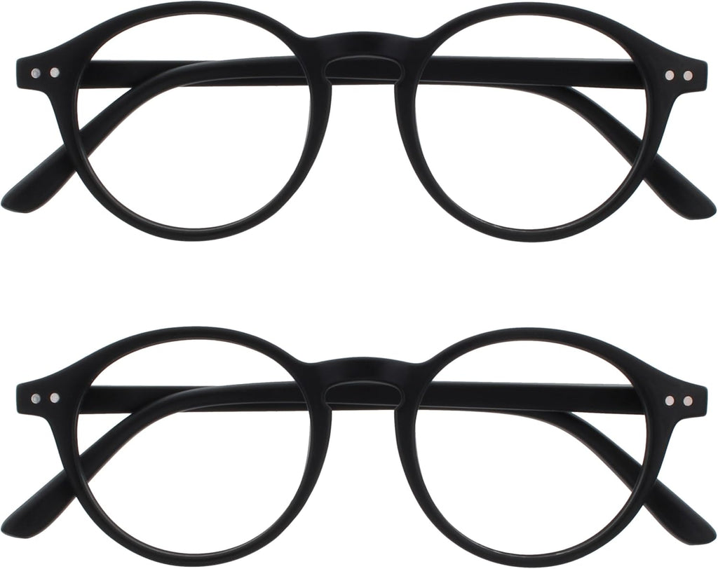 OPULIZE REY Reading Glasses for Women Men, Retro Round Frame with Spring Hinges, Matte Black +1.00 (Pack of 2)