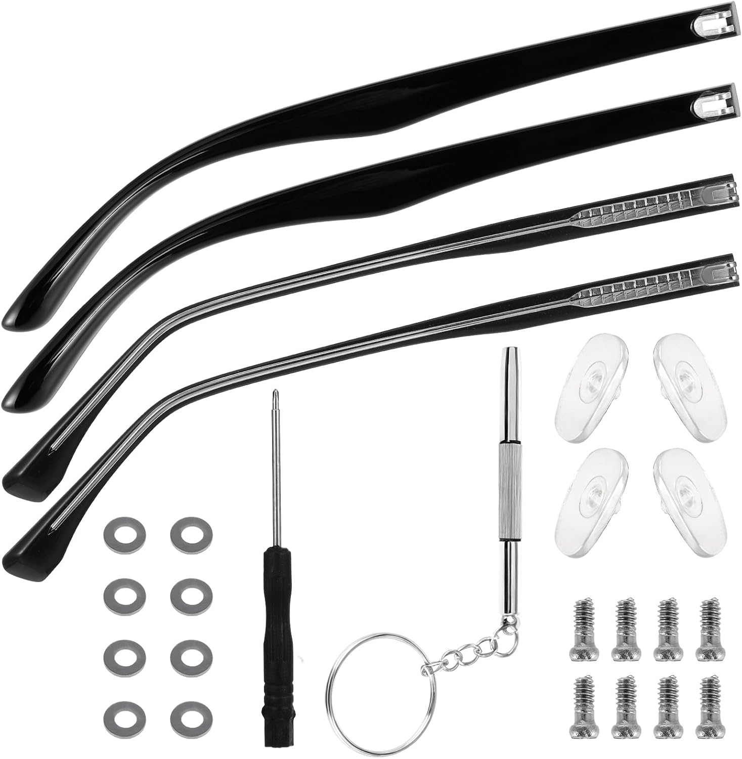 Glasses Arm Replacement 2 Pair Universal Eyeglass Repair Kit Anti-Slip Tips Eyeglasses Arms Legs Replacement Accessories with Screws, Nose Pads, Tools for Sunglasses, Reading Glasses Black TR90