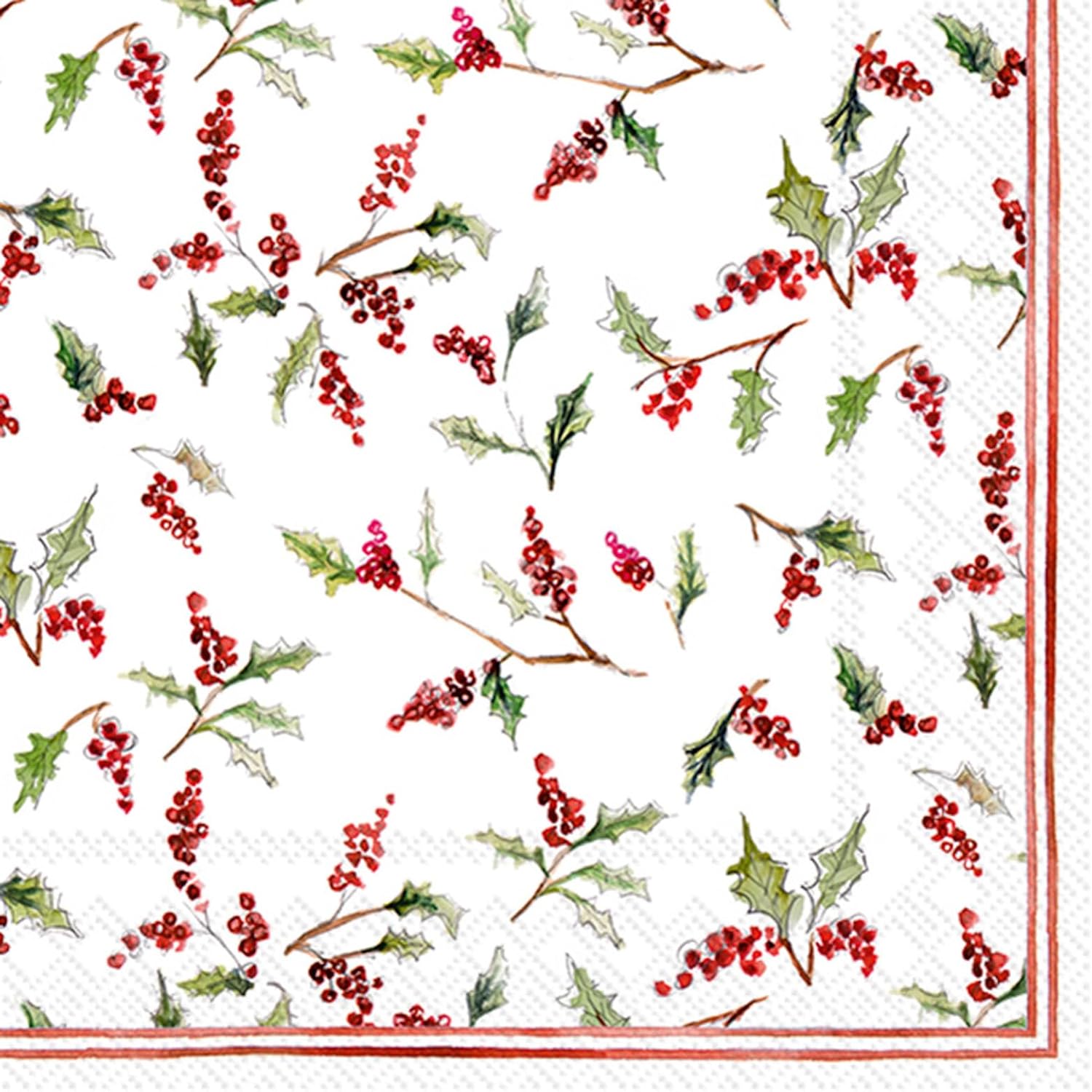 IHR Ideal Home Range Party Napkins Disposable 3-Ply Paper Lunch Napkin Pack, 6.5" x 6.5", Christmas Ilex Berries, 20-Count