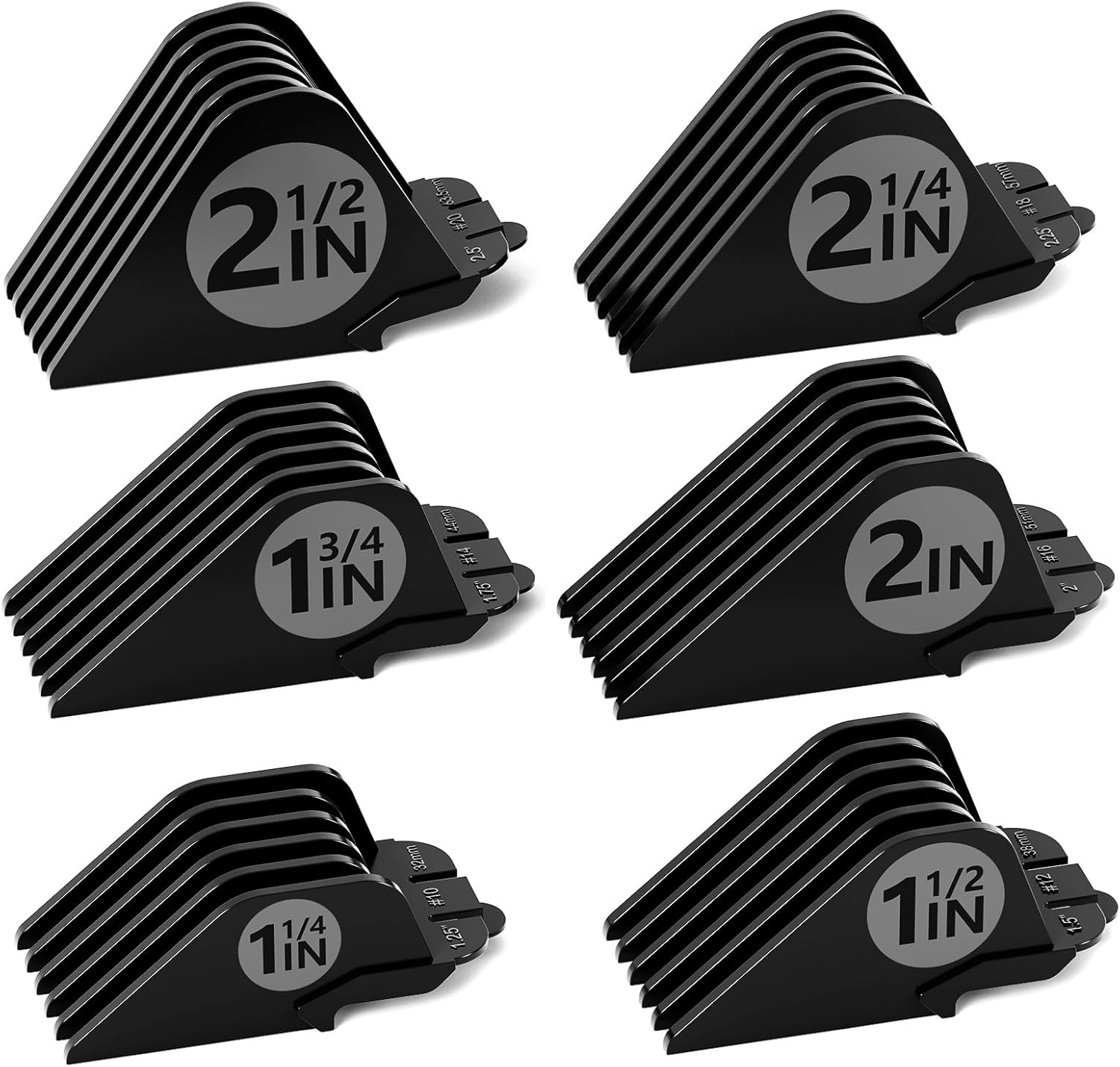 Clipper Guards Set 10 12 14 16 18 20 Compatible with Wahl Clippers, 6pcs Extra Long Clipper Guides Replacement - 2.5", 2.25", 2", 1.75", 1.5", 1.25" Hair Guard Clipper, Black Clipper Guards for Wahl
