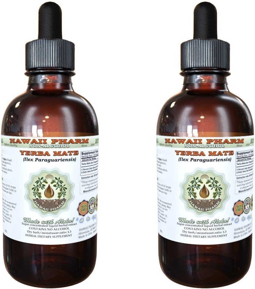 Hawaii Pharm Yerba Mate Alcohol-Free Liquid Extract, Professional Grade, Small Batch Crafted Yerba Mate (Ilex Paraguariensis) Dried Leaf Glycerite Natural Herbal Supplement, 2x2 fl.oz
