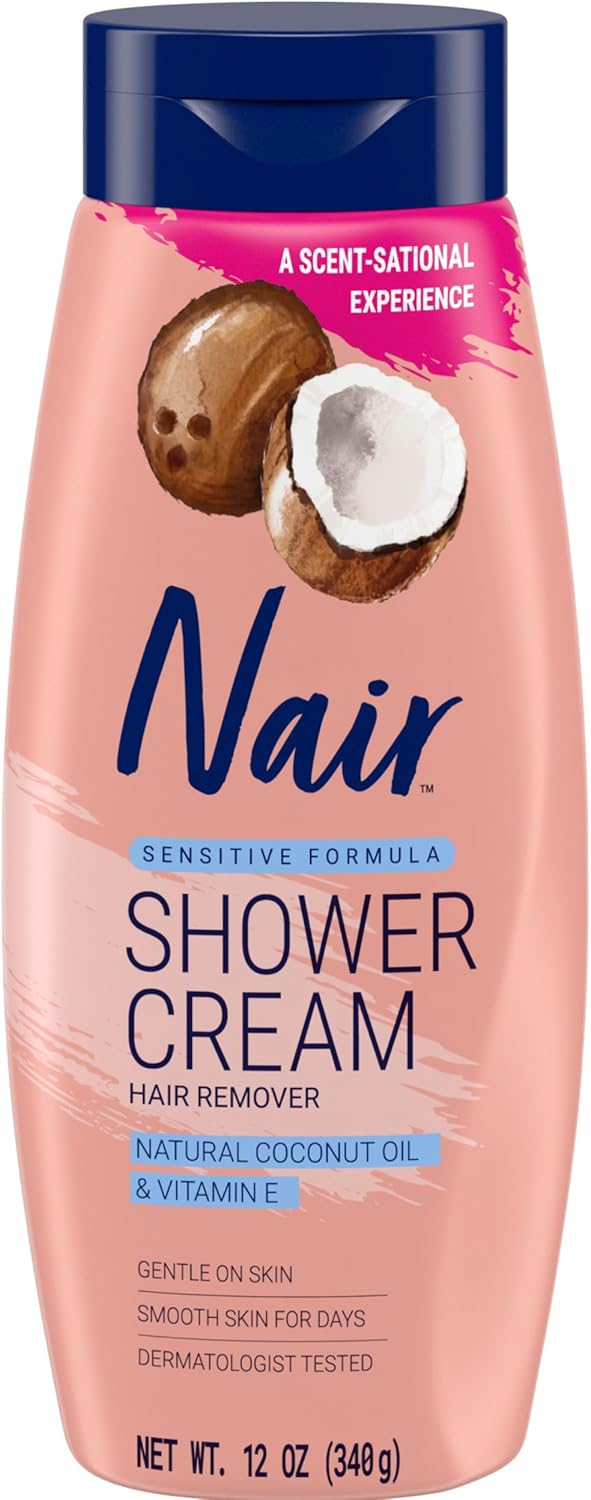 Nair Sensitive Formula Shower Cream, Quick and Easy Hair Removal Cream with Coconut Oil and Vitamin E for Body, 12 oz