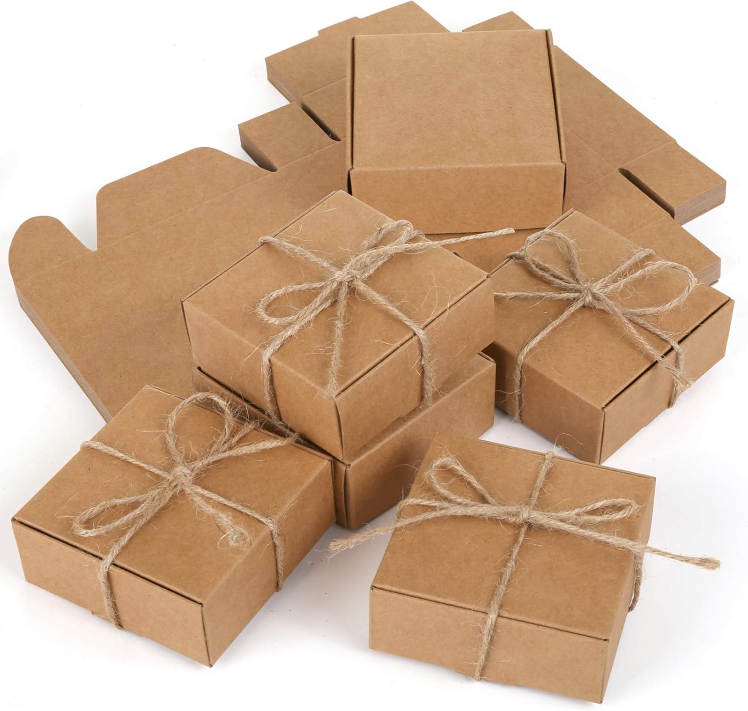 Naler 24 Pcs Small Gift Boxes with Ribbon - 3x3x1.2in Mini Kraft Boxes for Crafts, Sturdy Cardboard Boxes for Packaging Small Business, Handmade Jewelry, Party Favors(Brown)