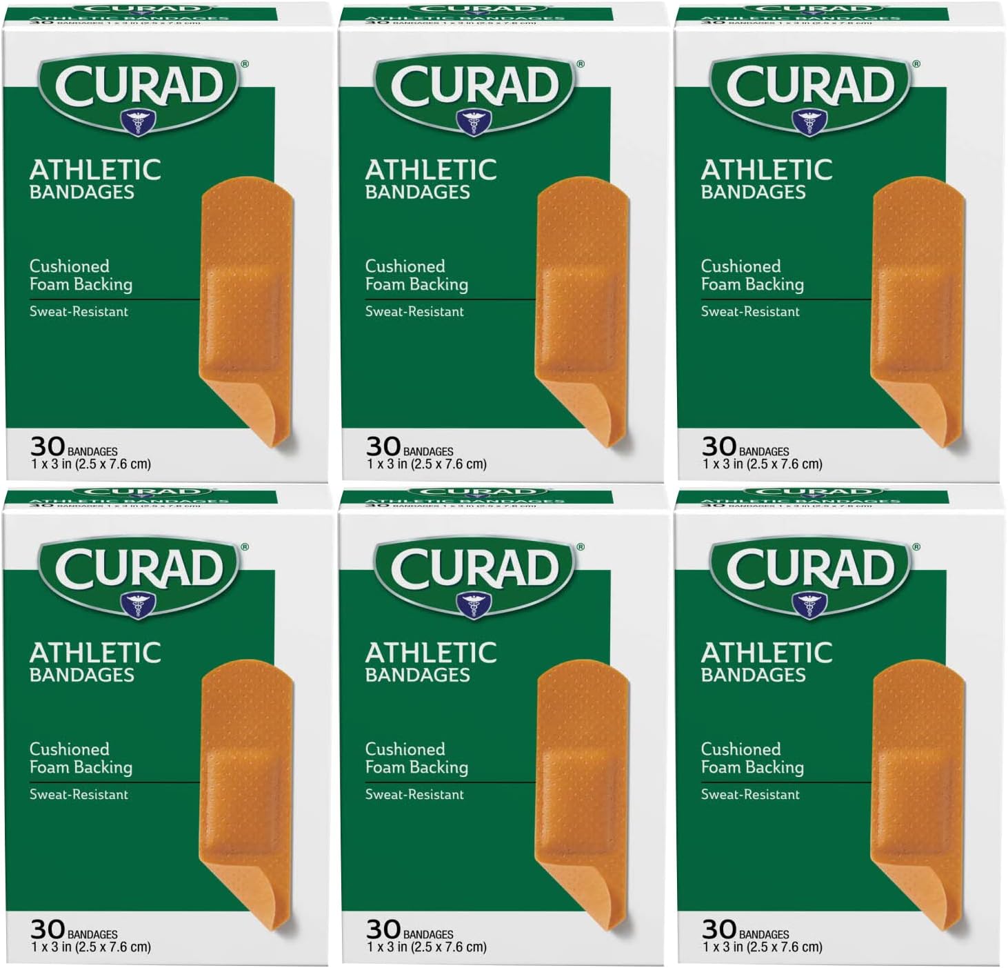 CURAD Athletic Foam Bandages, 1" x 3", Perfect for Sports Injuries, Pack of 6, 30 Count