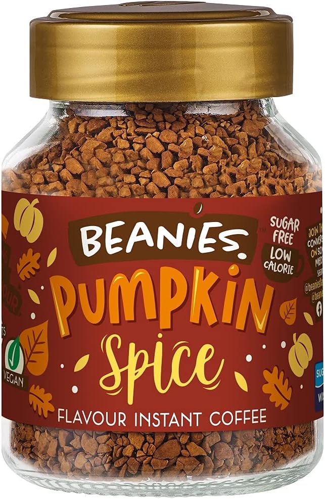 Beanies Flavour Instant Coffee -Pumpkin Spice Instant Flavored Coffee - Bold & Adventurous Full-On Flavor - An Indulgent Sugar Free Taste Explosion - Low Calorie - Vegan & Gluten Free - Wheat & Dairy Free, 50g jar