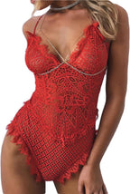 Boudoir Nighty Hollow Out V-Neck Halter Dresses Through Mesh Lace Women'S Underwear