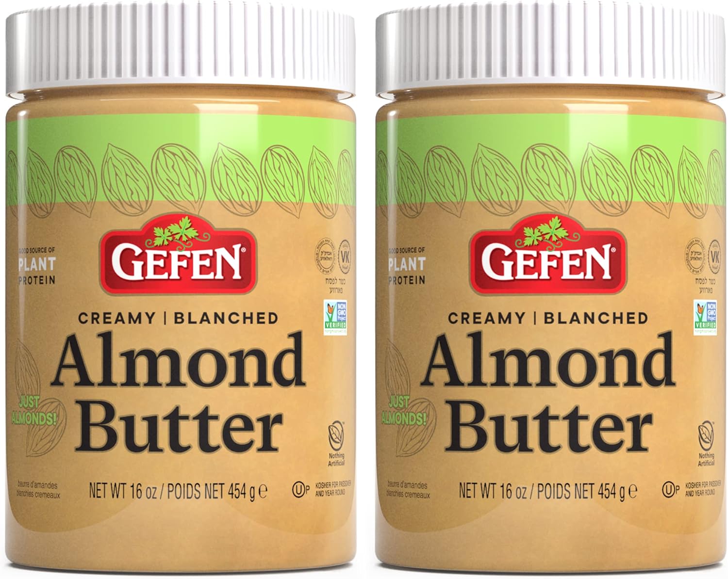 Gefen Pure Blanched Almond Butter, 16oz (2 Pack) | Non GMO | Rich, Smooth & Creamy Texture | No Salt or Sugar Added | Gluten Free | Vegan | Paleo | Keto | Product of USA | Kosher (Including Pasover)