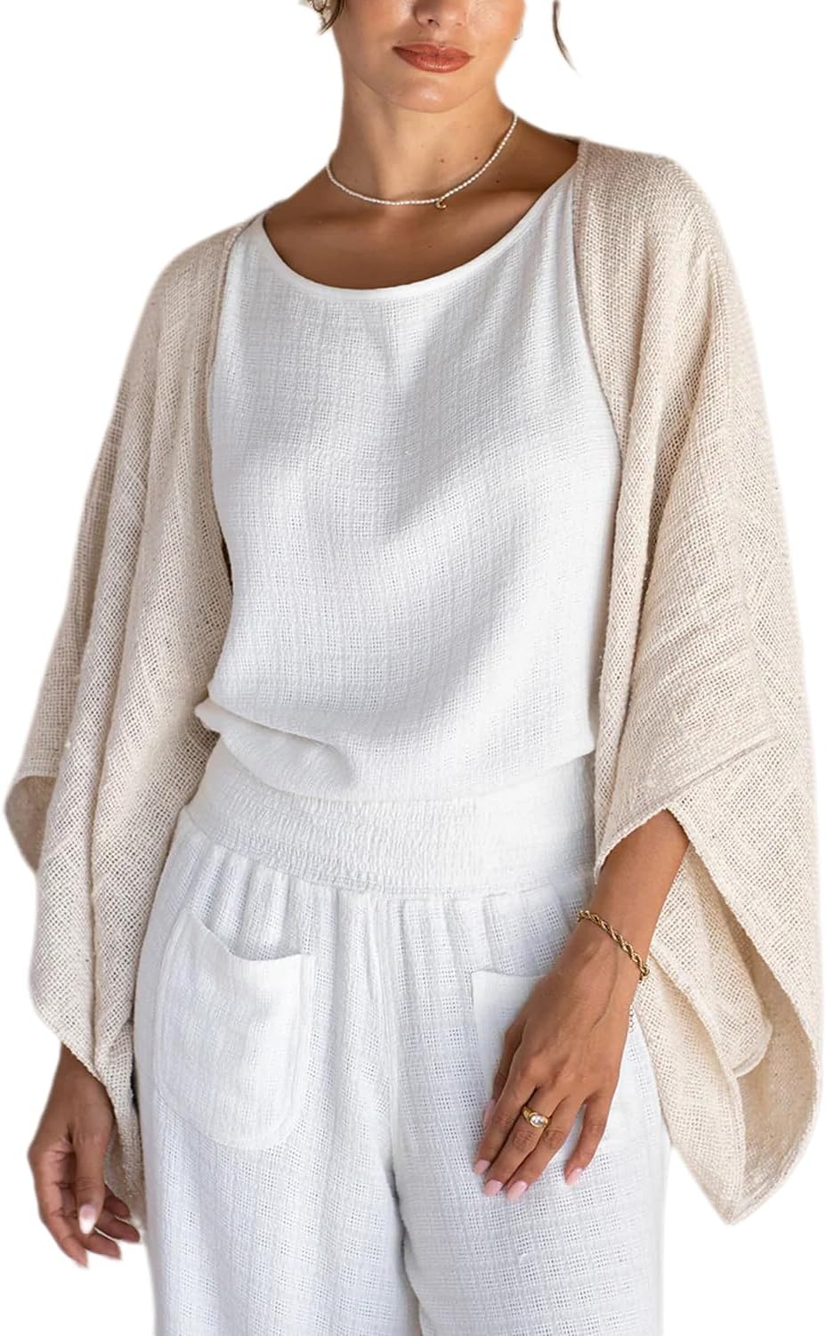 Women's Cotton Linen Shrug Kimono Sleeve Open Front Casual Loose Cover Ups Lightweight Cardigan