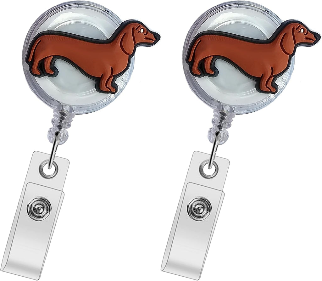 Brown Dachshund Dog Badge Reel - Cute Retractable ID Holder for Nurses, Medical Staff, Teachers & Students - 2 Pcs