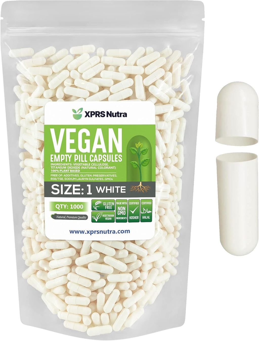 XPRS Nutra Size 1 Empty Capsules - 1000 Count Empty Vegan Capsules - Vegetarian Pills DIY Vegetable Capsule Filling- Veggie Pill Caps for Do-It-Yourself Supplements (White)
