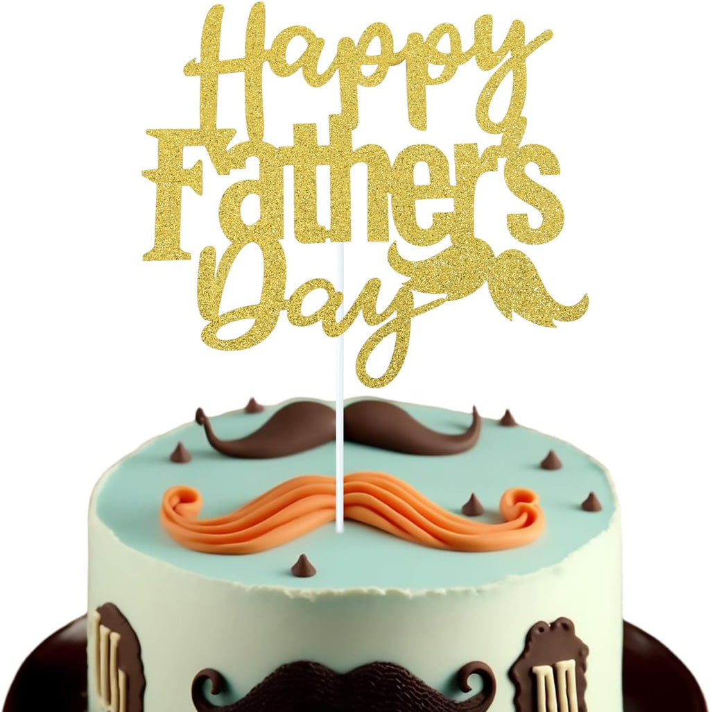 1 Pack Happy Father’s Day Cake Toppers, Glitter Cake Bunting Decor Best Dad Ever Love Father Cake Picks Party Decorations Supplies(Beard, Gold)