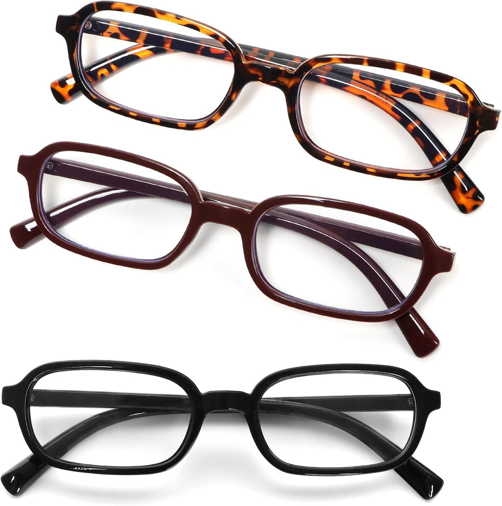 KoKoBin 3 Pack Small Square Reading Glasses for Women and Men Blue Light Blocking Comfortable Readers