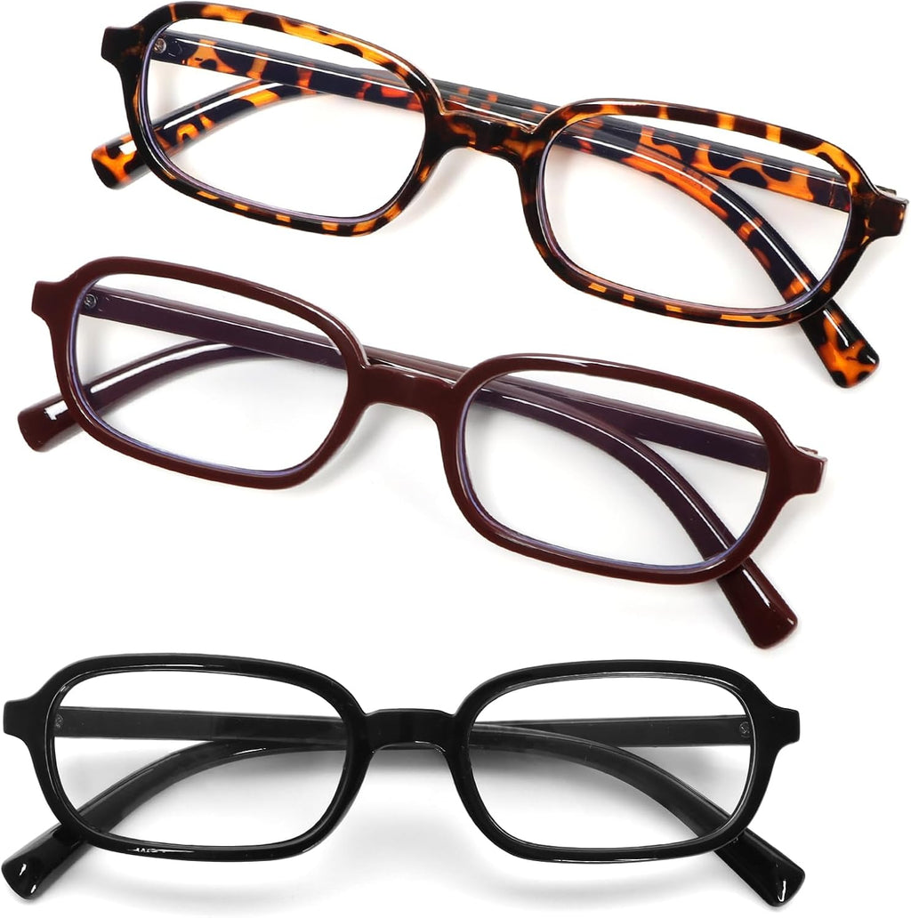 3 Pack Small Square Reading Glasses for Women and Men Blue Light Blocking Comfortable Readers