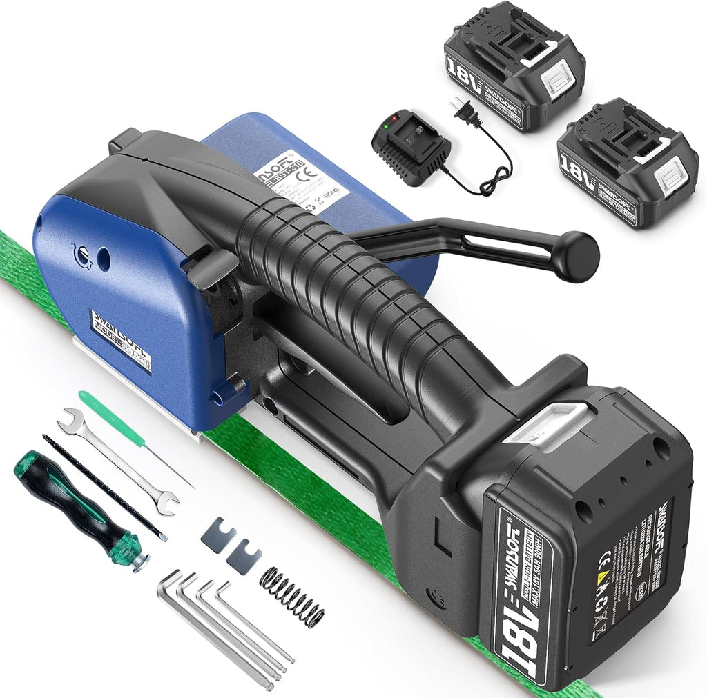 SWANSOFT Electric Strapping Machine for Width 0.51" - 0.63" PP PET Straps, 2 x 5000mAh Battery Automatic Strapping Tool, Handheld Semi-Automatic Banding Tools for Packaging Box Pallet