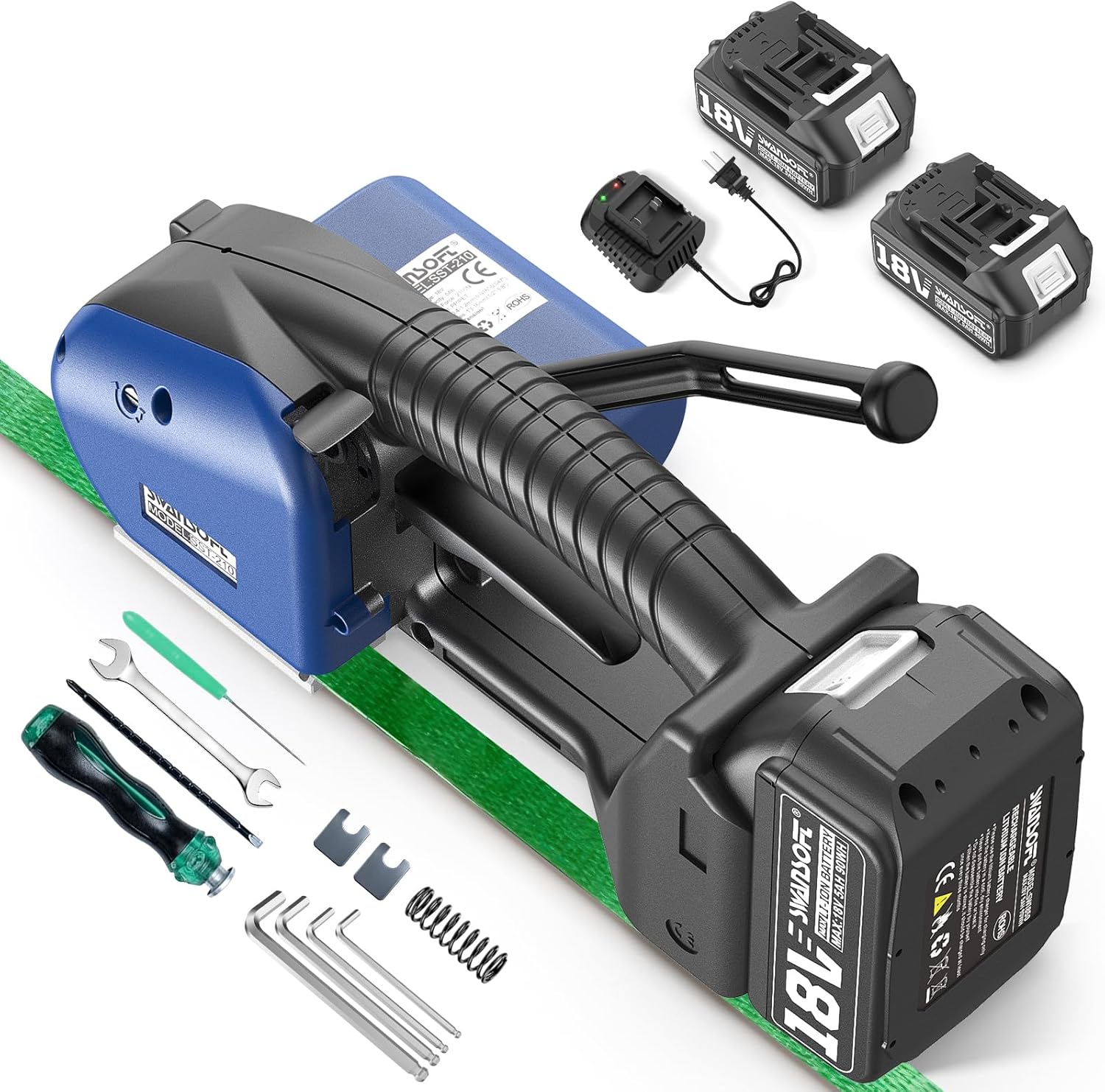 SWANSOFT Electric Strapping Machine for Width 0.51" - 0.63" PP PET Straps, 2 x 5000mAh Battery Automatic Strapping Tool, Handheld Semi-Automatic Banding Tools for Packaging Box Pallet
